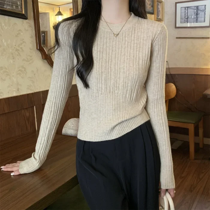 Chic Slim Fit Round Neck Knitted Top Women's Autumn/winter High-end Feel Sweater Inner Long Sleeve Base Layer Top
