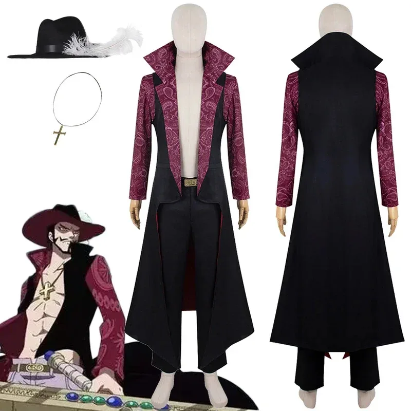 

Dracule Mihawk Cosplay Fantasy Robe Hat Anime One Cos Piece Costume Headwear Outfit Boy Men Adult Halloween Carnival Party Suit