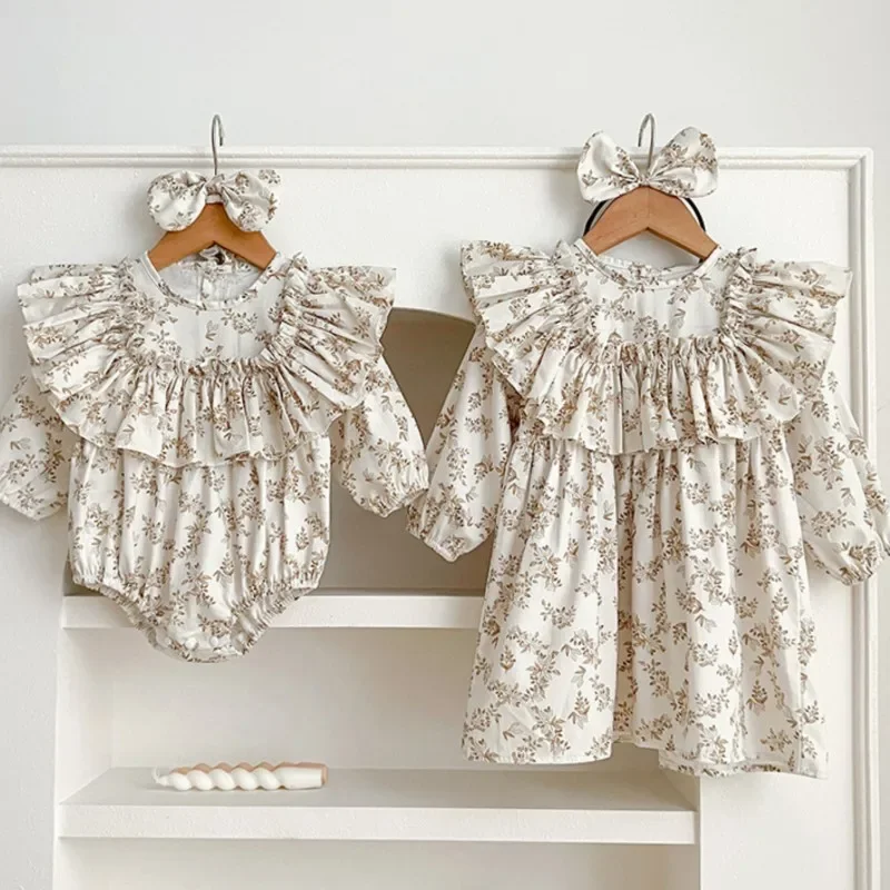 Birthday Princess Clothes Kids Vestido 2025 Baby Girls Beautiful Flower Dress/Romper+bow Headwear Sister Wear Big Ruffles Cotton