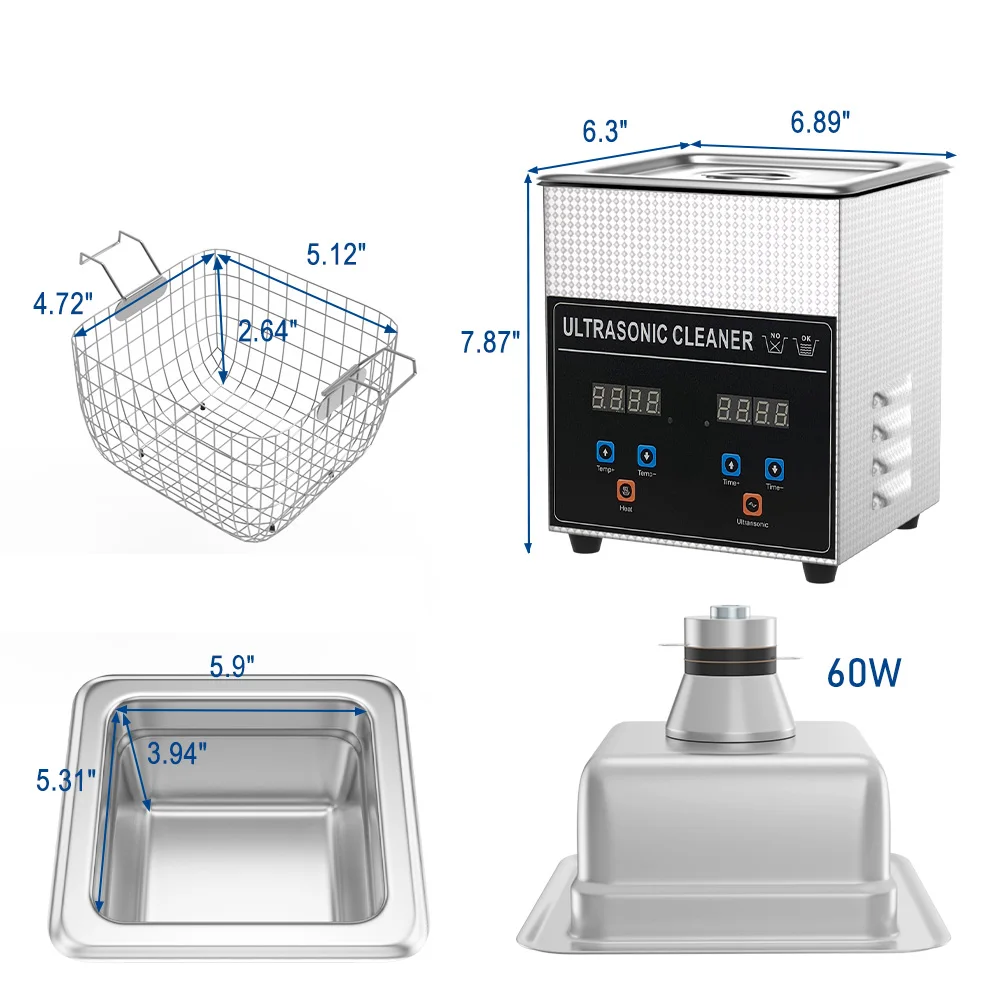 Ultrasonic Cleaing Machine 60w Ultrasonic Bath Ultrasonic Cleaners 2L Jewelry Glasses Aligners Dental Watch Parts Phone Repair