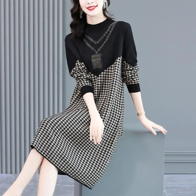 Fall Winter Fashion Elegant Chic Houndstooth Diamonds Party Knitted Sweater Dresses for Women Long Sleeve Slim Basic Midi Dress