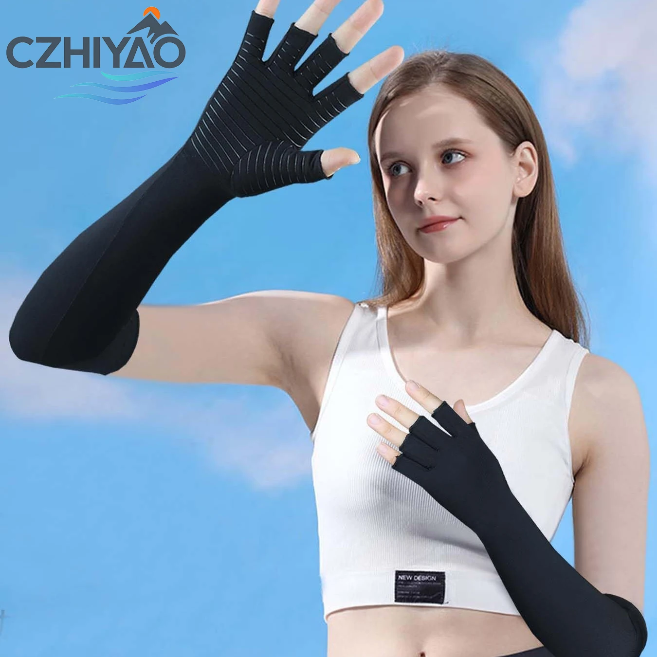 

CZHIYAO Long Squeeze Gloves without Fingers Graded Full Arm Pressure Hand Support for Outdoor Sports Working Driving Cycling