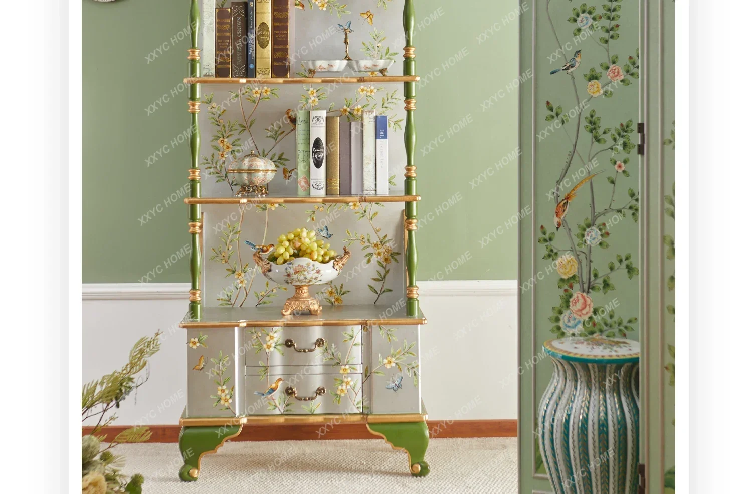 

JJYH55 Витрина из массива дерева, ручная роспись, ретро-хранение, классическая витрина, серебряная полка