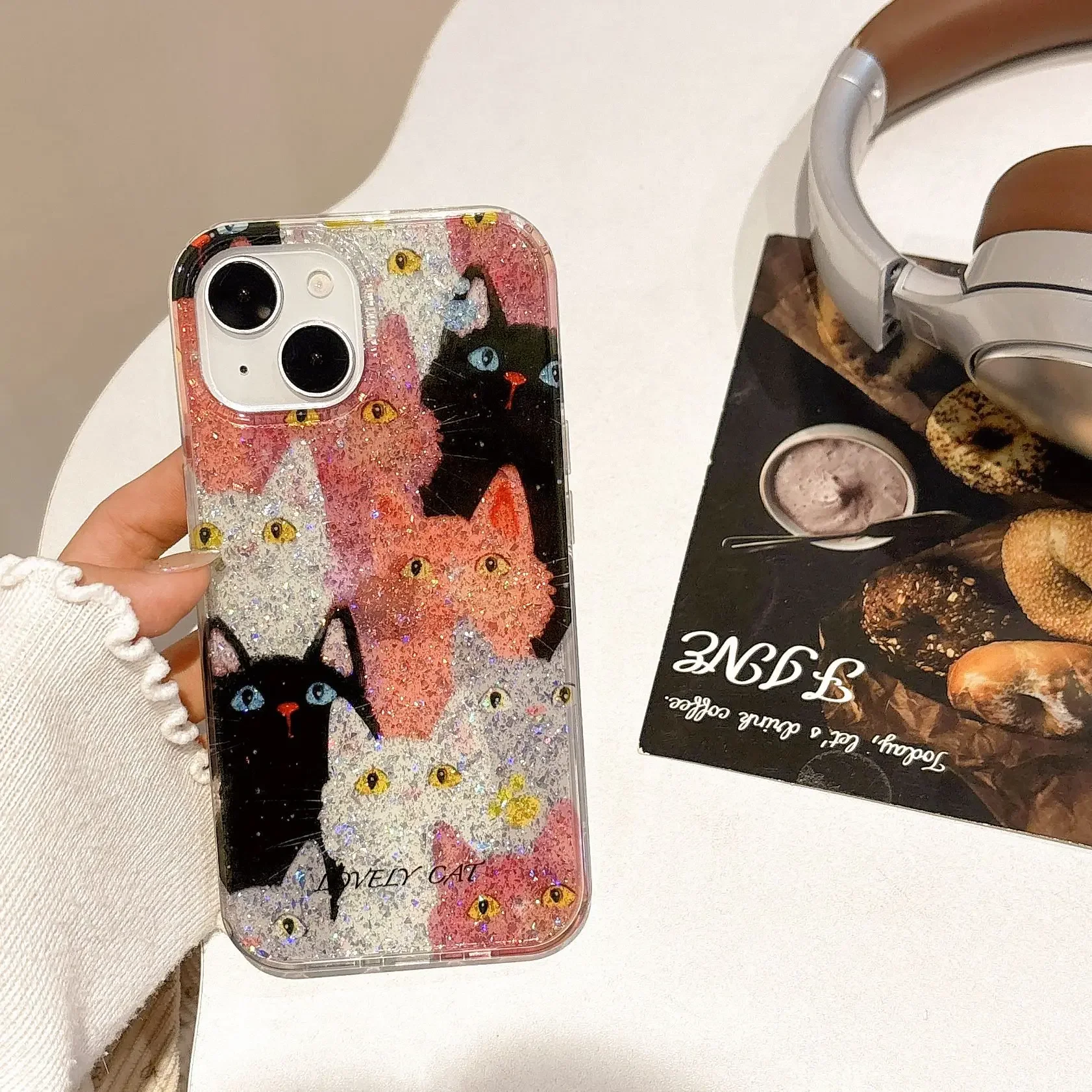 black cat Blue Eyes meow kitten Sequins glitter Phone case For iPhone 16 15 14 13 12 Pro Max Case Cute Cartoon art shimmer Cover