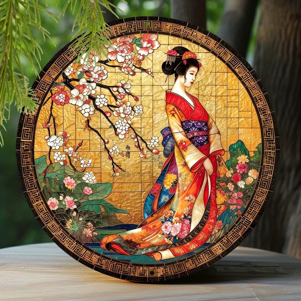 Japanese Geisha Art Metal Tin Sign High-Definition Metal Tin Sign Collection – Featuring Traditional Kimono Women with Cherry Bl