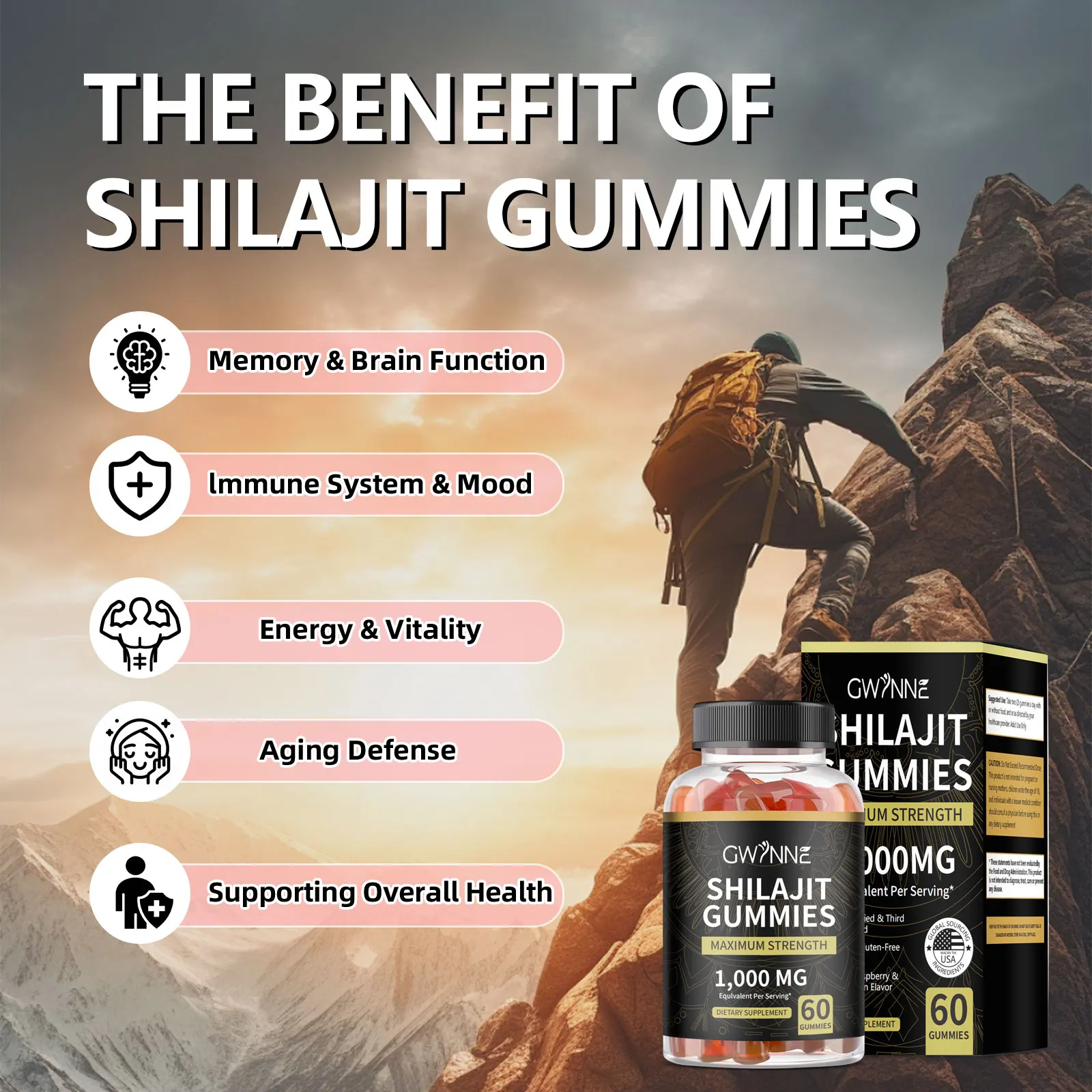 Gwynne Shilajit Shilajit Gummies 60 وحدة نكهة التوت والبطيخ + كبسولات شاراجي 60 وحدة 2 وحدة