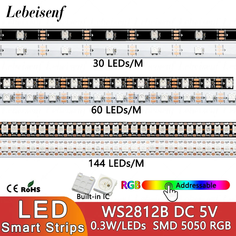 1M WS2812B RGB LED Addressable Digital Pixel Light Strip DC 5V 0.3W/LEDs 30/60/144 Lamp Black White SMD 5050 WS2812 2812 2812B