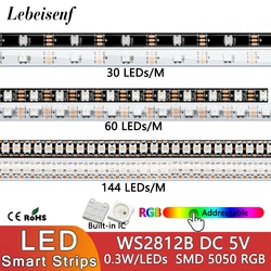 RGB LED 어드레서블 디지털 픽셀 라이트 스트립, 블랙 화이트 SMD 5050, WS2812 2812 2812B, DC 5V, 0.3W, LED 30, 60/144 램프, 1M