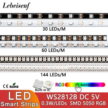 1M WS2812B RGB LED แอดเดรสพิกเซลดิจิตอล Light Strip DC 5V 0.3 W/LEDs 30/60/144 โคมไฟสีดําสีขาว SMD 5050 WS2812 2812 2812B