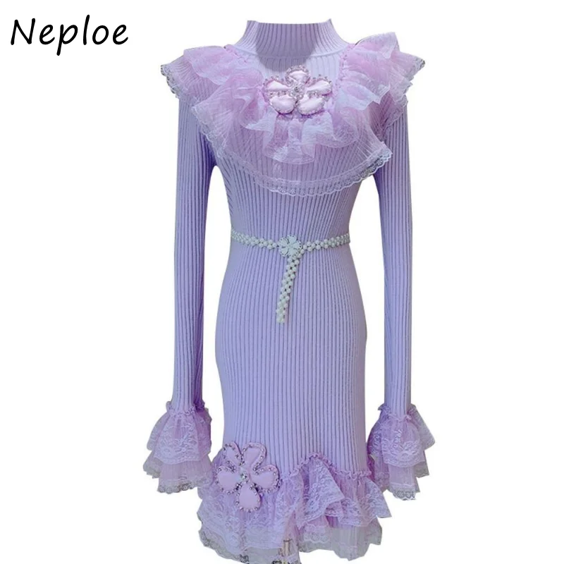 Neploe Stand Neck Lace Patchwork Rhinestone Robe Femme Solid Color Long Sleeve Hip Package Dresses Vestidos De Mujer Elegant