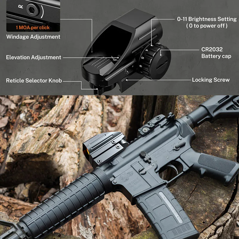 

Tactical Riflescope Wide View Scope Hunting Sight 11 Level Brightness Unlimited Eye Relief with 4 Reticles Red Dot 20MM