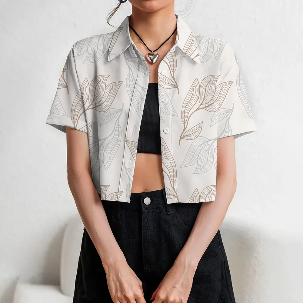 Fashion Turn-down Collar Shirts Crop Tops Hawaii Style Summer Slim Fit Button Navel Exposed Shirts Streetwear Crop Tops Spring