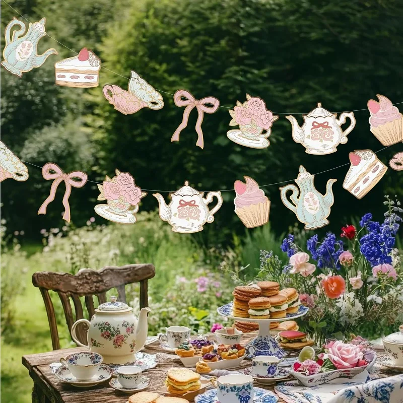 Vintage Pink Tea Girl Party Decoration Banner Floral Tea Party Garland Teapot Cake Cup Paper Banner Bridal Shower Birthday Decor