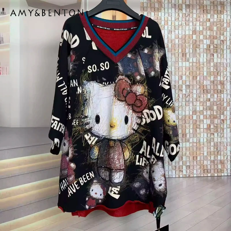 

Модные новые осенние футболки с v-образным вырезом и принтом для тяжелой промышленности, модные милые свободные футболки большого размера с героями мультфильмов, пуловер, топ