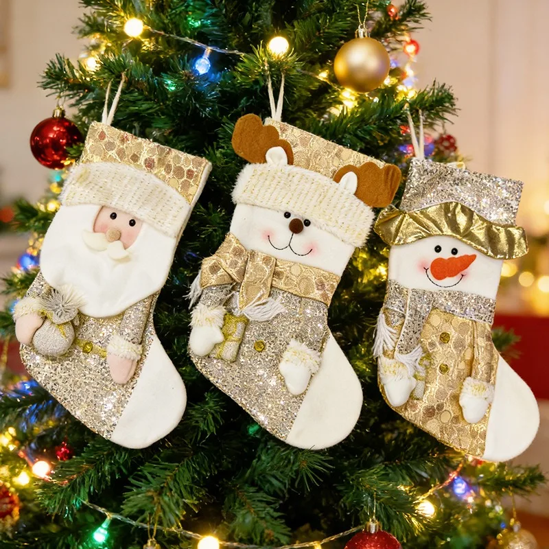 Knitted Christmas Stocking Golden Santa Snowman Gift Bag Xmas Tree Hanging Ornament Holiday Decoration