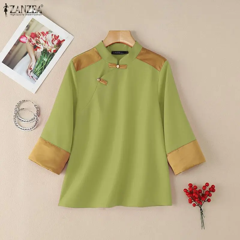 

ZANZEA Women Buttons Up Shirt Stylish Autumn Spring Patchwork Blouse Chinese Style Mujer Elegant Stand Neck 3/4 Sleeve Work Tops