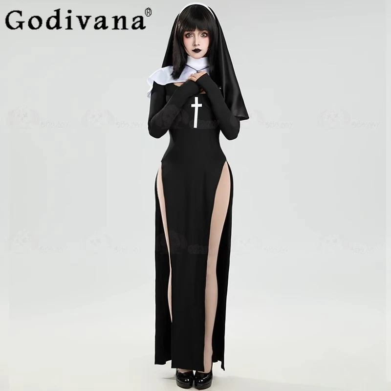 Ropa de actuación bonita para Halloween, disfraz Sexy de monja de Anime para mujer, disfraz de actuación para mujer, vestido elegante negro y chal