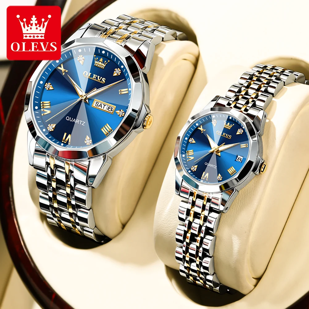 OLEVS Luxury Couple Watch Rhombic Week Date Quartz Watches Waterproof Luminous Casual Fashion Watches for Couples Reloj 9931