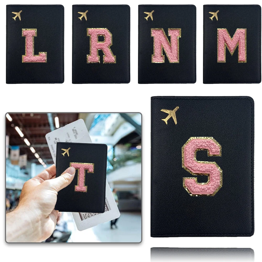 Passport Cover PU Passport Organizer Case Business Boarding Pass Folding Holder Initial Chenille Embroidery Letter Pink Pattern