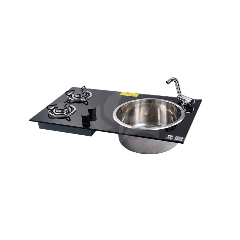 RV Caravan Kitchen Stove Tempered Glass 2 Burner L.P.G. Cooktop Combo 0.8mm Thickness Integrated Sink Satin/Polish/Mirror