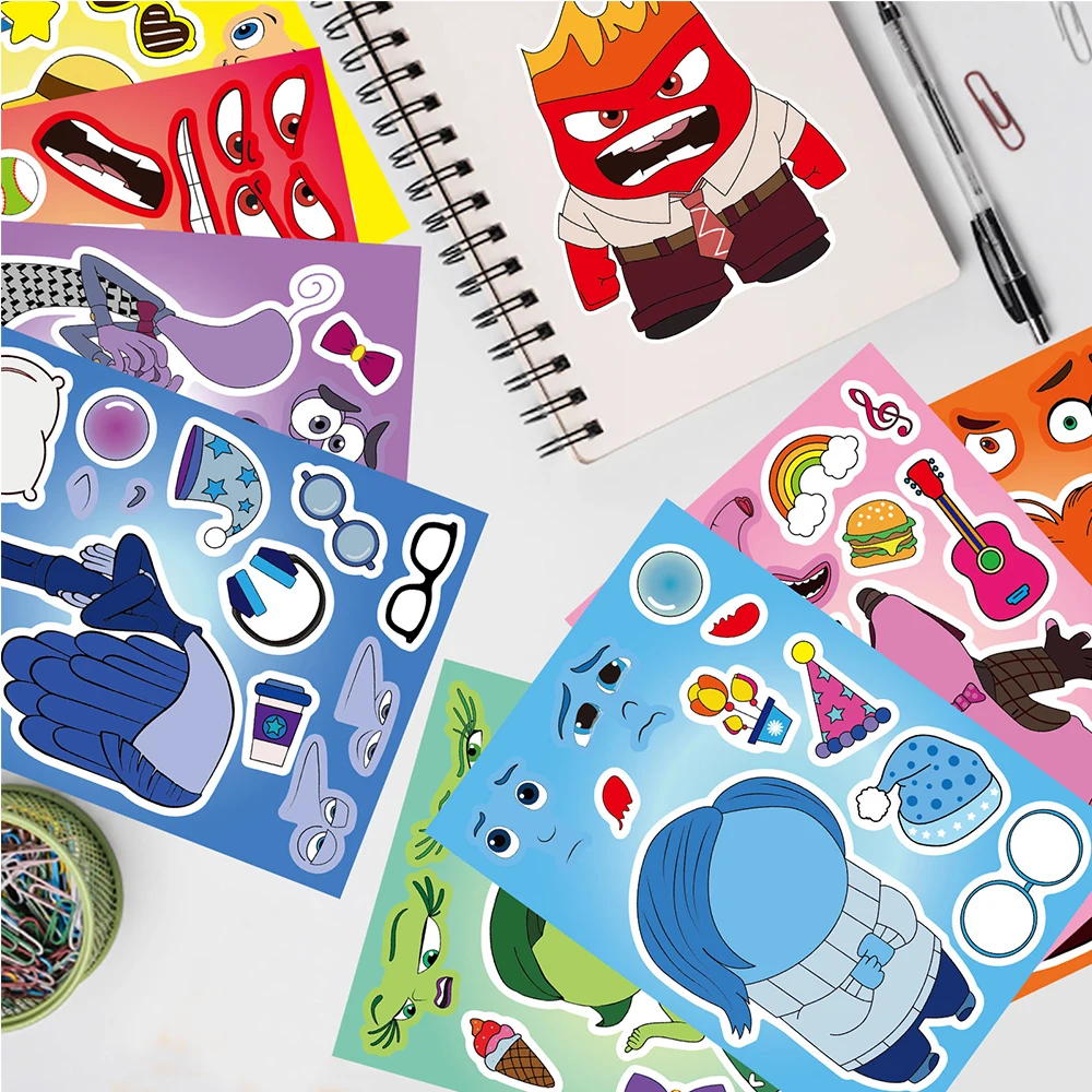 6/12 Vellen Disney Schattige Binnenstebuiten 2 Puzzelstickers Spel Doe-Het-Zelf Grappig Maak Een Gezicht Assembleren Legpuzzel Sticker Kids