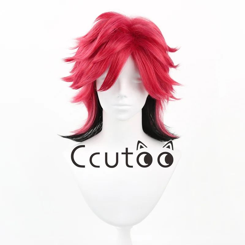 Matsumoto Hideto X-JAPAN hide Peluca corta y esponjosa de 45 cm, mezcla de color negro y rojo rosa, pelucas de cosplay en capas, fibra resistente al calor + gorro para peluca