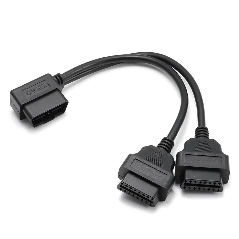 Black OBD2 Splitter 30 cm/ 12 in Length 1 Male To 2 Female Right Angle Splitter 16 Pins Extension Cable Replacement