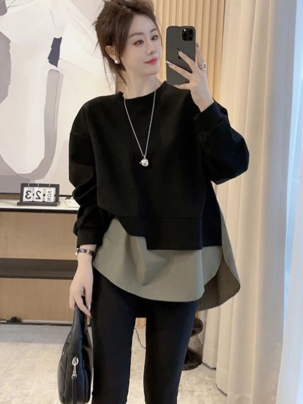 

Женская толстовка большого размера с длинным рукавом, повседневная, с круглым вырезом, средней длины, весенняя, в корейском стиле, легкая, дышащая, комфортная