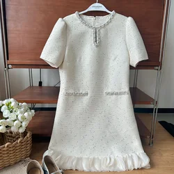 French Small Fragrance Sequined Tweed Beaded Dress Women O Neck Sweet Fashion Chic Wedding Party Stitching Petal Mini Dresses
