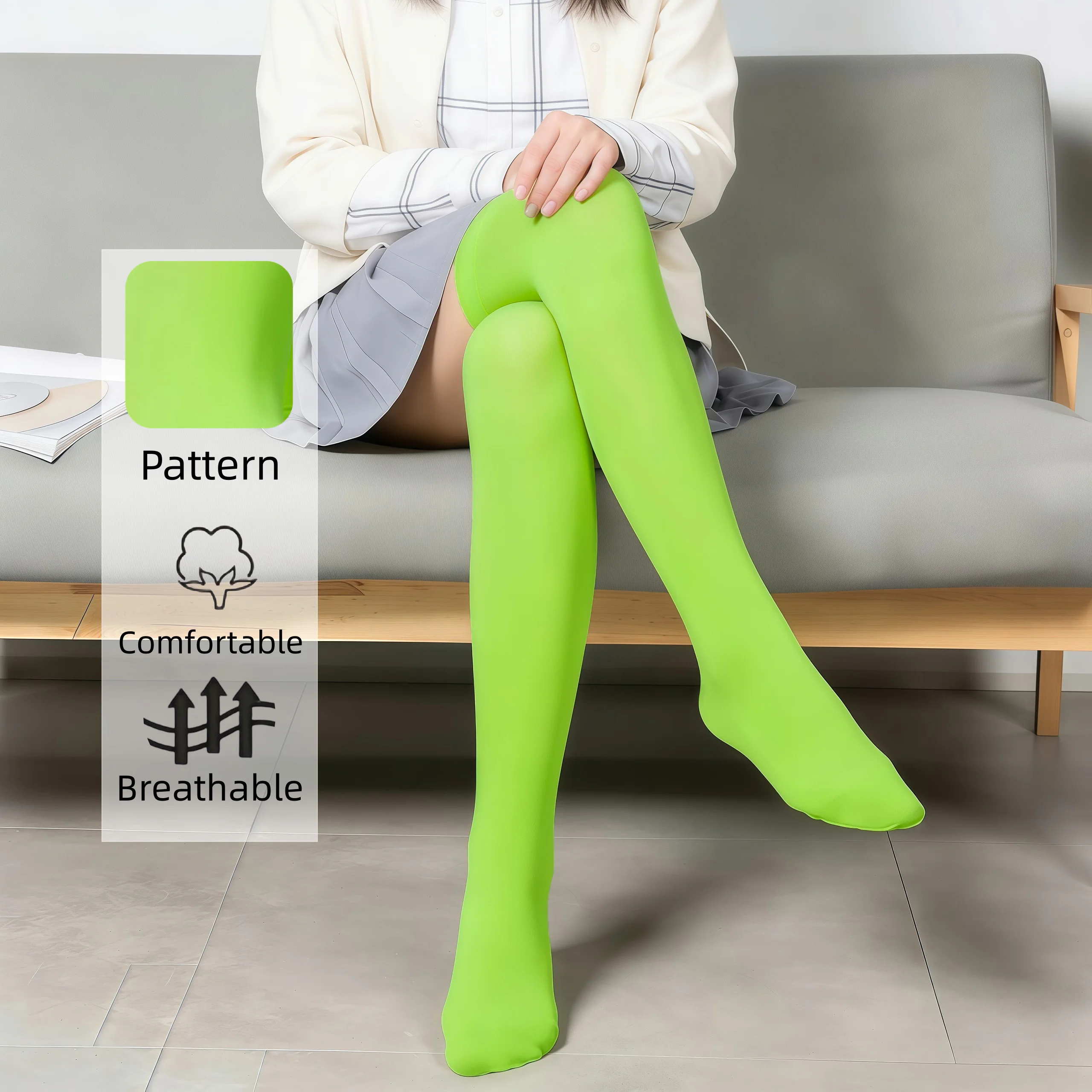 Neongrüne Overknee-Socken für Damen - Blickdichte Überkniestrümpfe, Weiche Bequeme Atmungsaktive Dehnbare Lange Socken für den Alltag – Detail 5