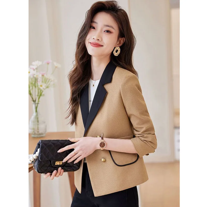 Fashion Women Blazers Women's Spring And Autumn Short Jacket 2023 New Spring Slim Casual Suit Jacket Female Color Block Khaki