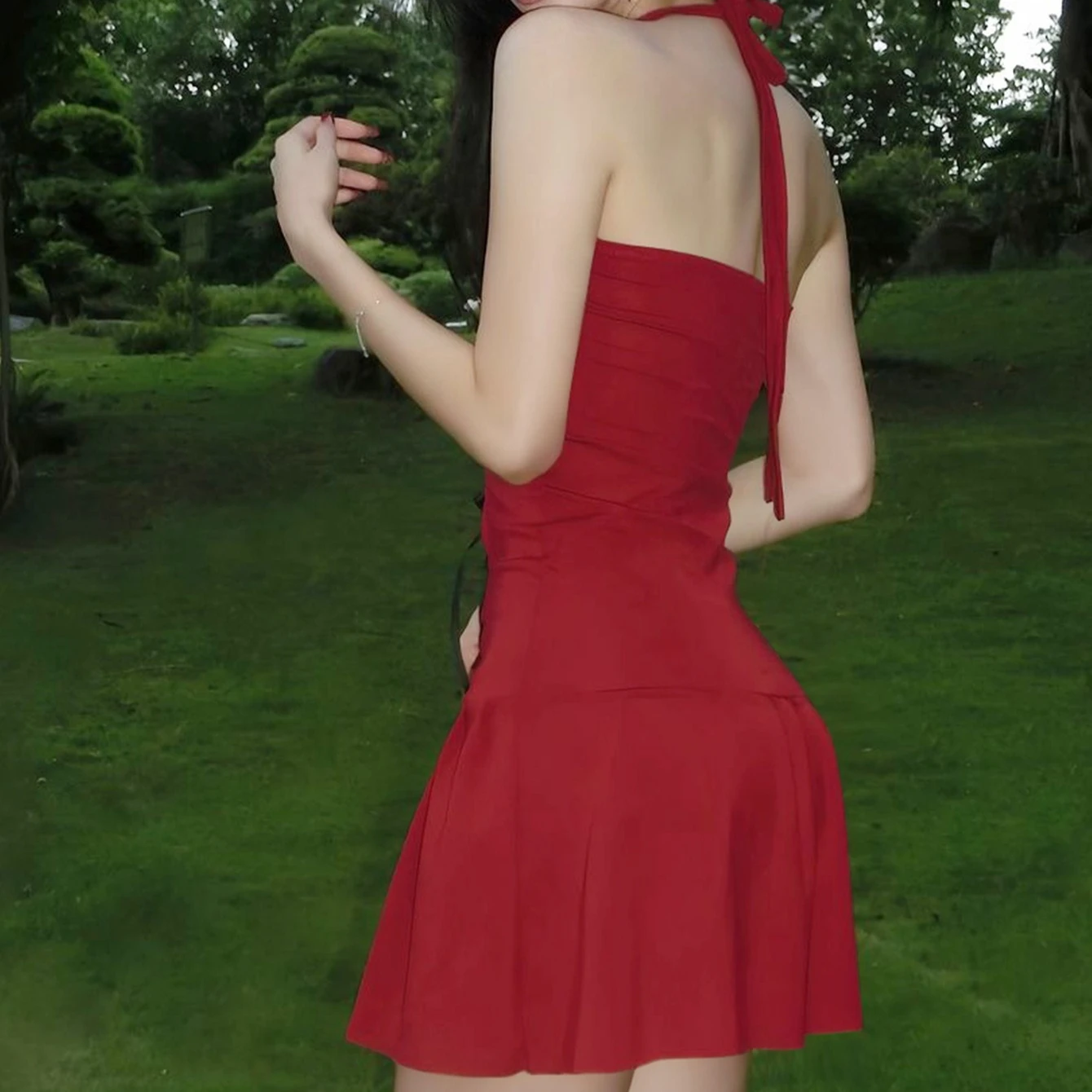 Zeyla Vestido de mujer estilo occidental de color sólido con cuello halter y un solo hombro, minivestido adelgazante de cintura alta con lazo recortado, túnica diaria para fiesta