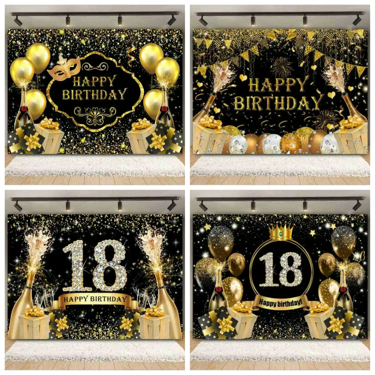 

Black Gold Happy Birthday Backdrop Glitter Star Balloon Champagne Gift 18 Years Adult Party Photography Background Photo Studio