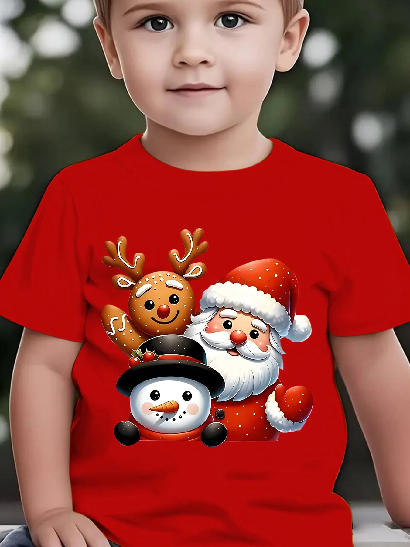 Christmas and Summer Children's Fashionable Short Sleeved Santa Claus Deer Snowman Pattern Printed Top for Parent-child Wear