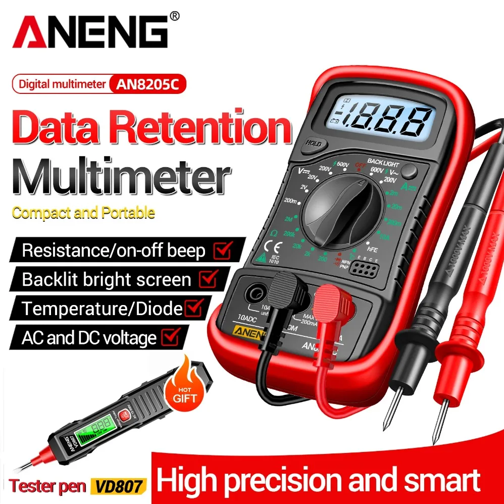 

Цифровой мультиметр ANENG AN8205C + бесконтактный тестер напряжения VD807, тестер переменного/постоянного тока, напряжения и сопротивления, NCV, электрический измеритель