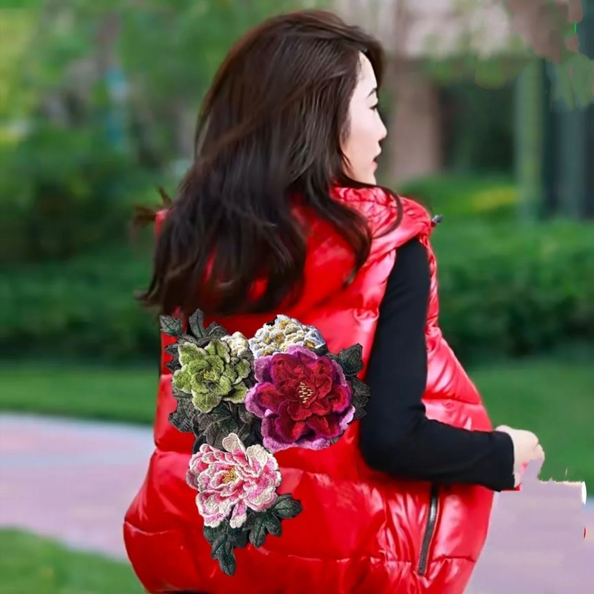 

Faionable Embroidered Peony Flower down Cotton ort Jaet Stand Collar Vest Autumn Winter Bright Surface Commute Sle Zi...