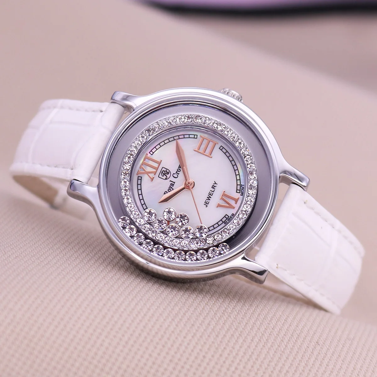 Royal Crown Luxury Lady Women's Watch Fashion Crystal Hours Dress Real Leather Clock Bracelet Rhinestone Girl Birthday Gift Box