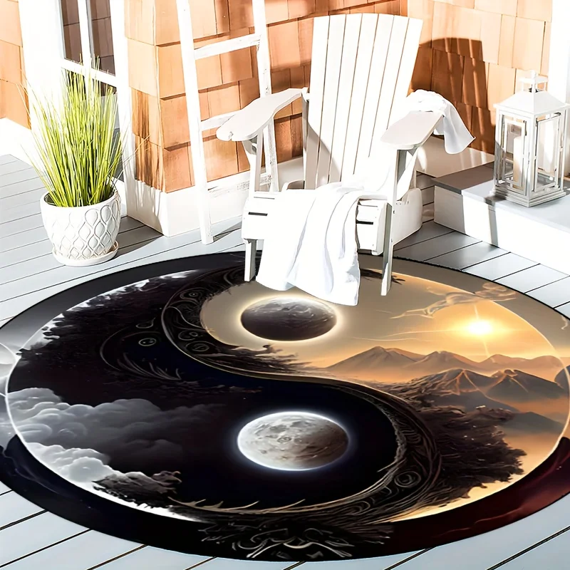 Yin Yang Sun Moon Mountain Rug Round Flannel Balance Harmony Nature Scene Floor Mat for Zen Meditation Space Spiritual Decor