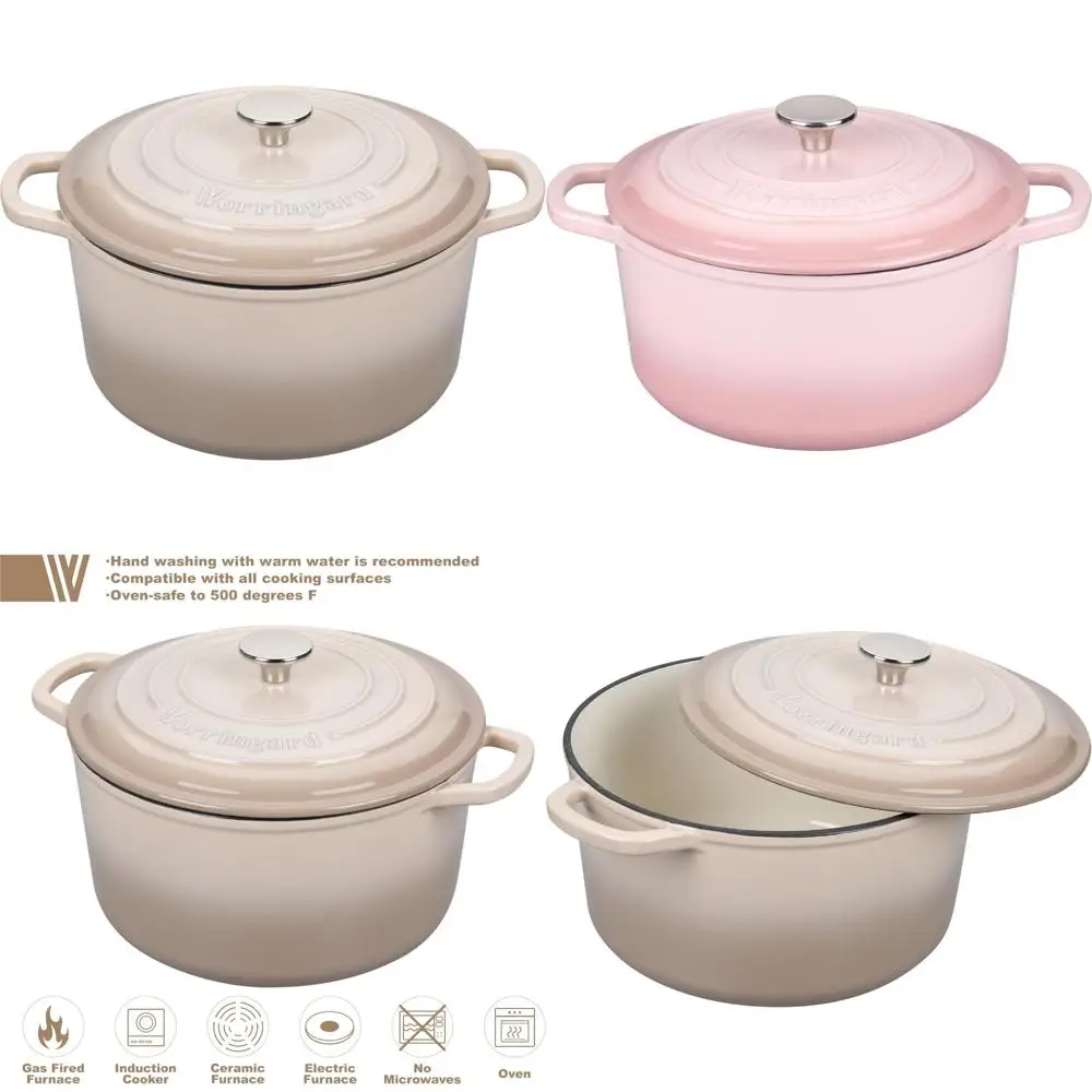 

6 Quart Round Enamel Cast Iron Dutch Oven Pot for Sourdough Bread Baking, Latte Colored, Perfect for Baking Traditional Breads