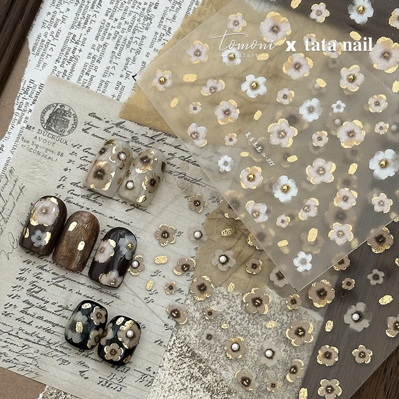 Retro Flowers Nail Stickers Petal Rhinestones Halo Dyeing Chic Daisy Gold Foil Floral Designs Nail Art Stickers Manicure Decals