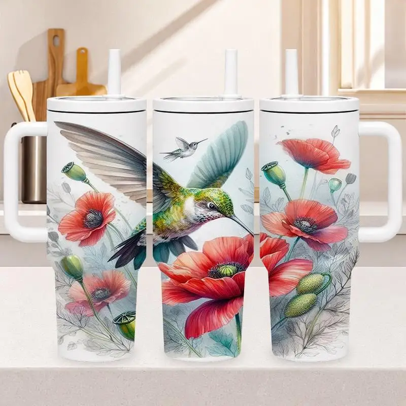 1pc 40oz 304 Stainless Steel Hand-held Cup Hummingbird And Red Poppy Flower Pattern Insulated Tumbler with Handle And Straw for Home Office Outdoor Travel Suitable Gifts for Halloween Christmas And Other Special Festivals
