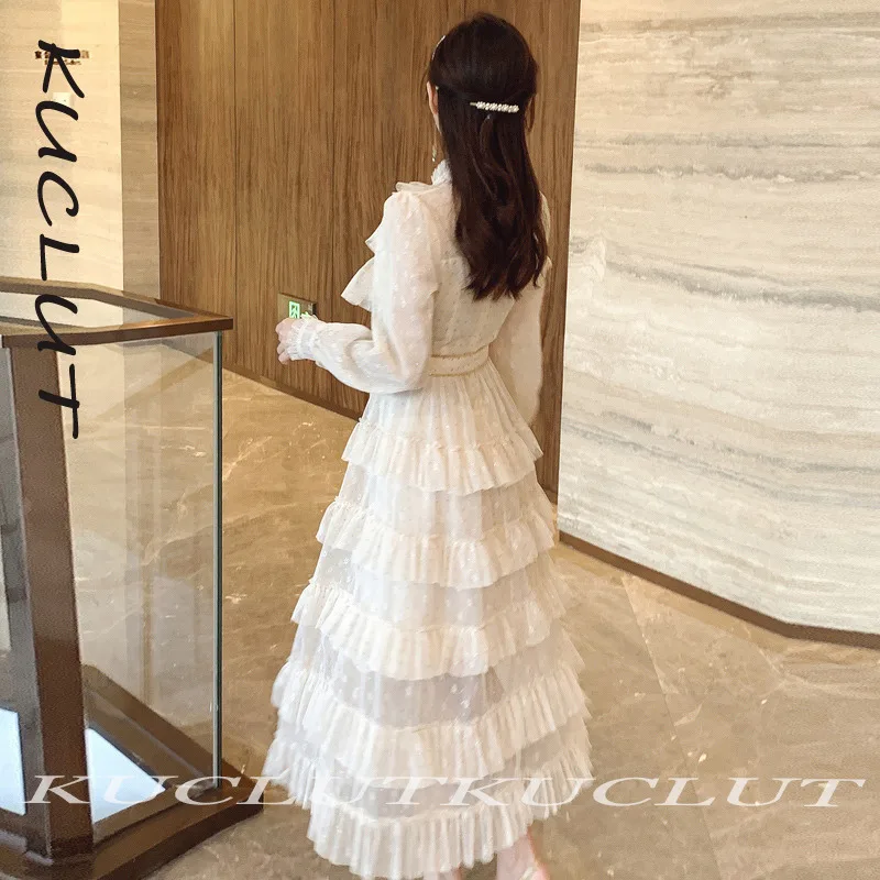 Kuclat 2025 moda feminina multi camada de renda vestidos de lantejoulas elegante o pescoço manga longa vestido de férias feminino na moda k234