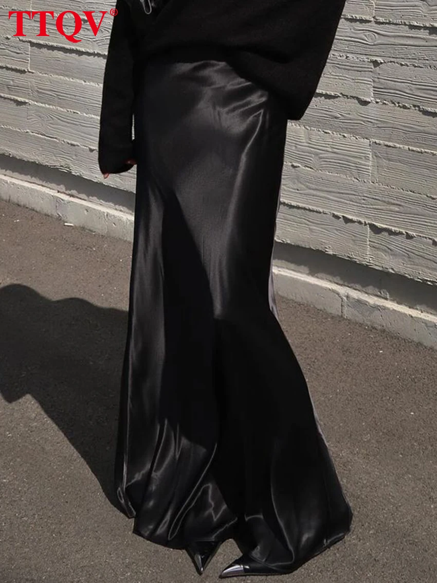 TTQV Fashion Loose Black Satin Women's Skirt 2025 Casual High Waist Maxi Skrit Elegant Classic Solid Skirt Female Clothing