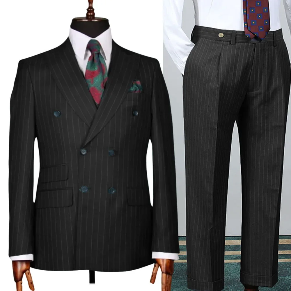 

Мужской костюм Slim Fit, деловой полосатый комплект из 2 предметов, формальная повседневная одежда с пиковыми лацканами, черный костюм в тонкую полоску, куртка, брюки