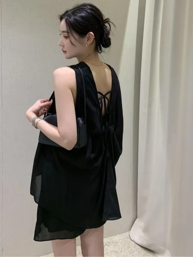 

Summer New Design Knot Waist Vest Women's High Waist Wide Leg Short Pants Set Belted Backless Ensemble Casual Street Style
