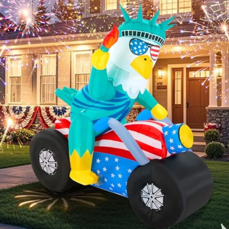 

4.9ft 4th of July Inflatable Outdoor Decoration, 250th Anniversary Goddess of Liberty Bald Eagle Sitting on Motorcycle LED Memo