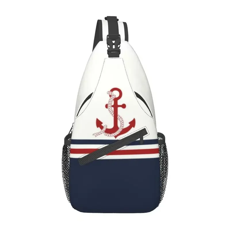 Cool Navy Blue Stripes Nautical Anchor Boat Sling Bag for Traveling Men Chest Crossbody Backpack Shoulder Daypack