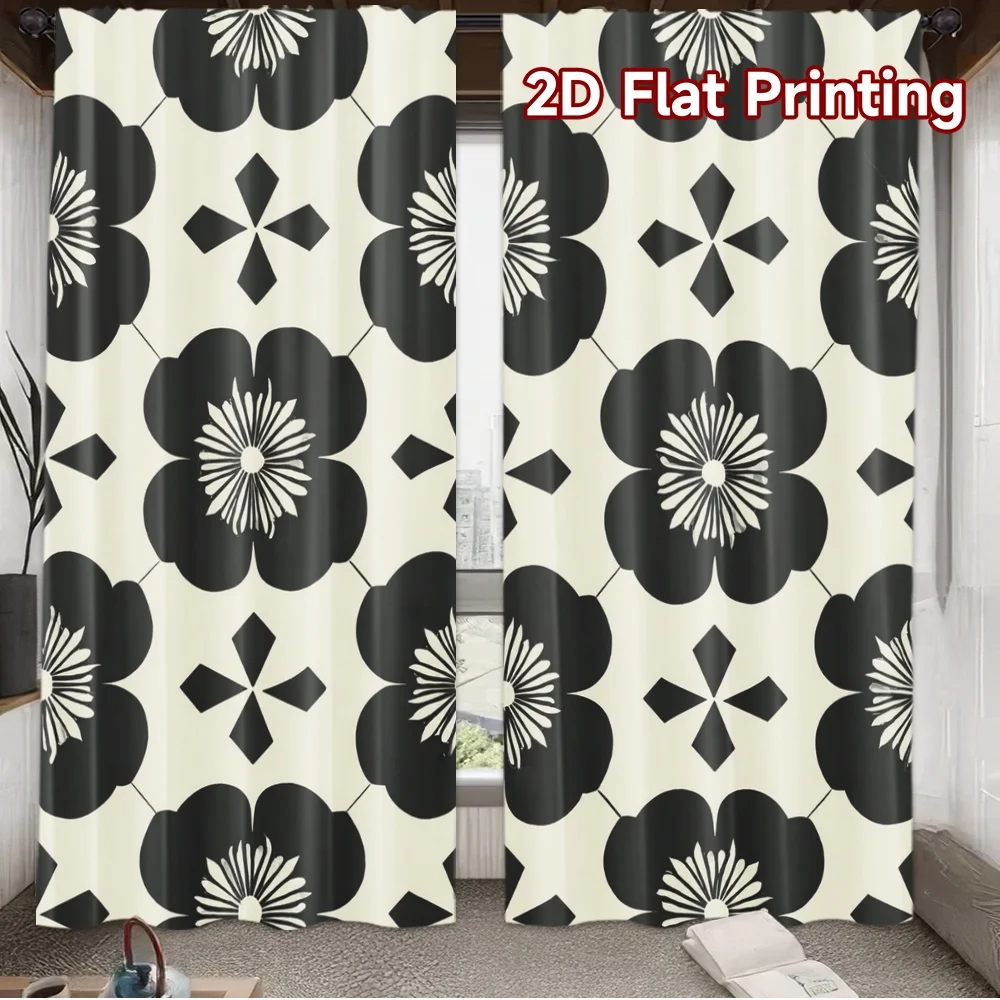Black White Floral Curtains Retro Geometric Flower Window Drapes Modern Minimalist Decor Blackout Fabric for Living Room Bedroom