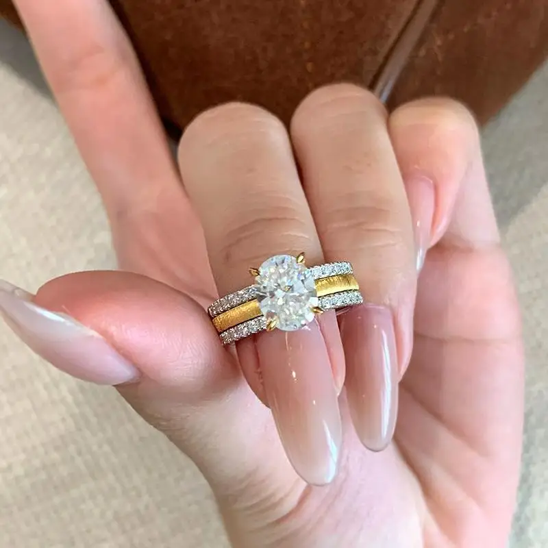 Stacking style Glossy brushed oval diamond rings for women fashionable and exquisite 2-in-1 brushed Female Ring wedding jewelry