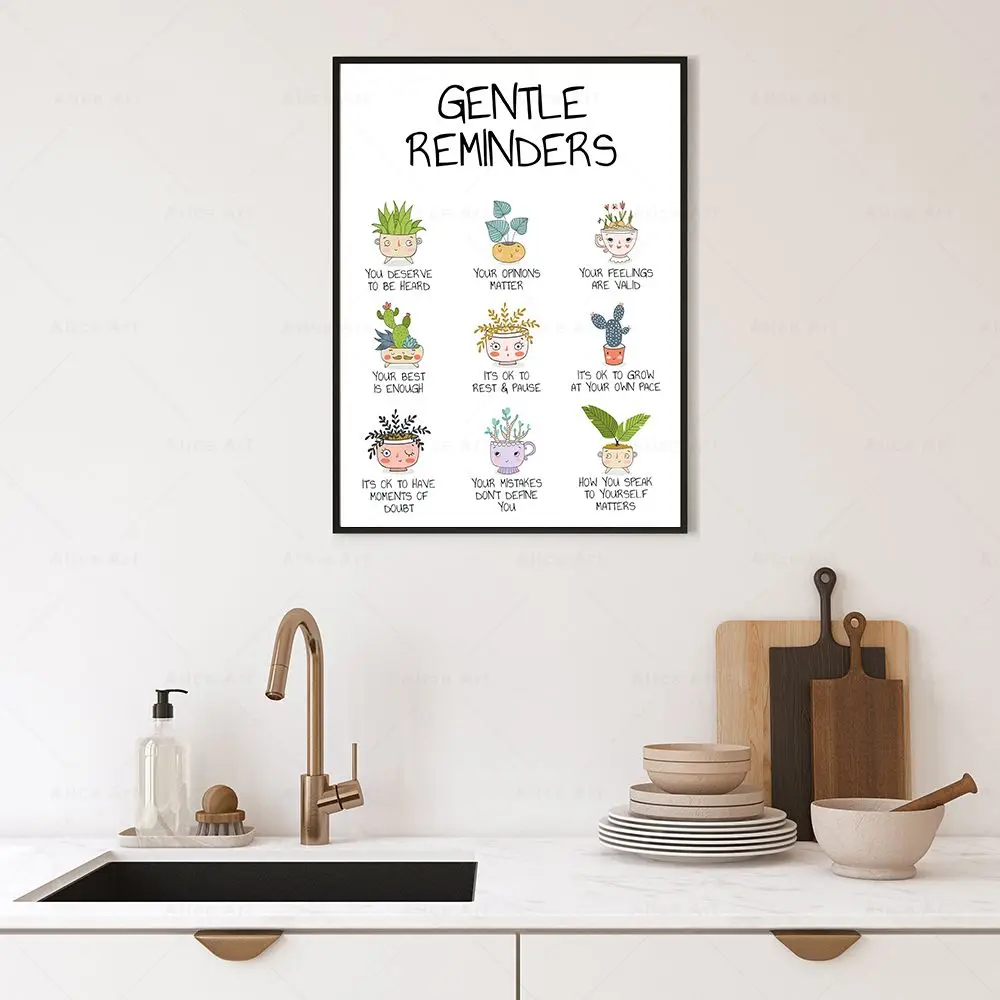 Gentle Reminders Affirmational Canvas Painting Mental Health Print Therapy Office Poster Aesthetic Picture Cute Plant Wall Decor